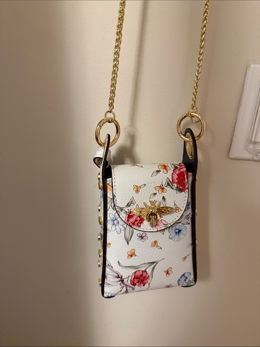 Italian Floral White Crossbody Phone Pouch with Gold Bee Accent